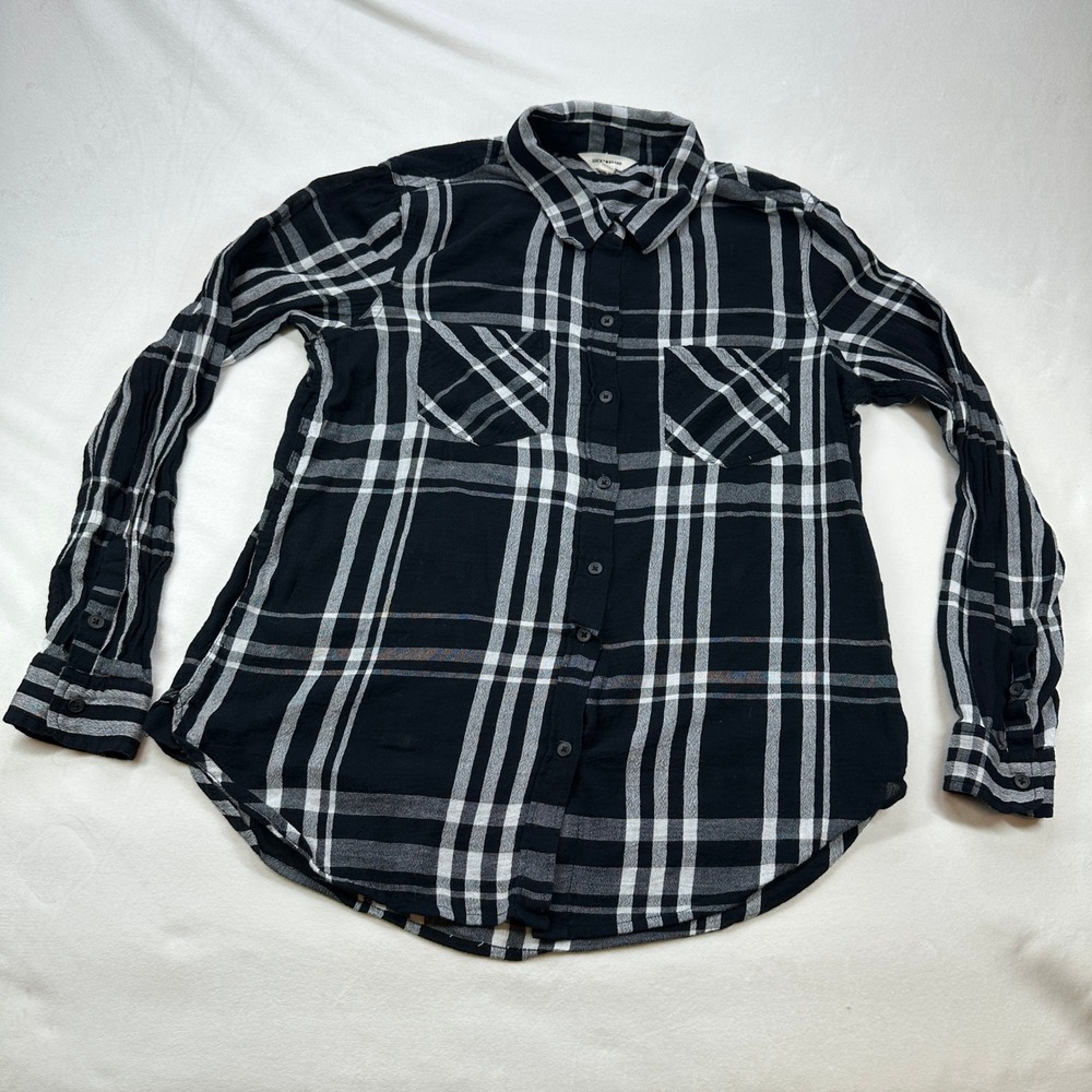 Lucky Brand Black White Plaid Long Sleeve Button Up‎ Shirt Fall Autumn Women's M